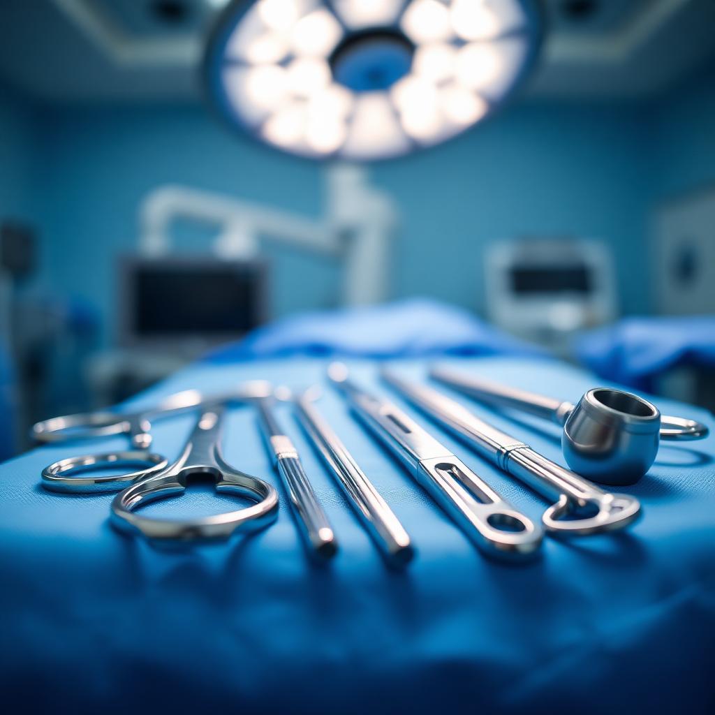 Sterile surgical instruments arranged in a modern operating room