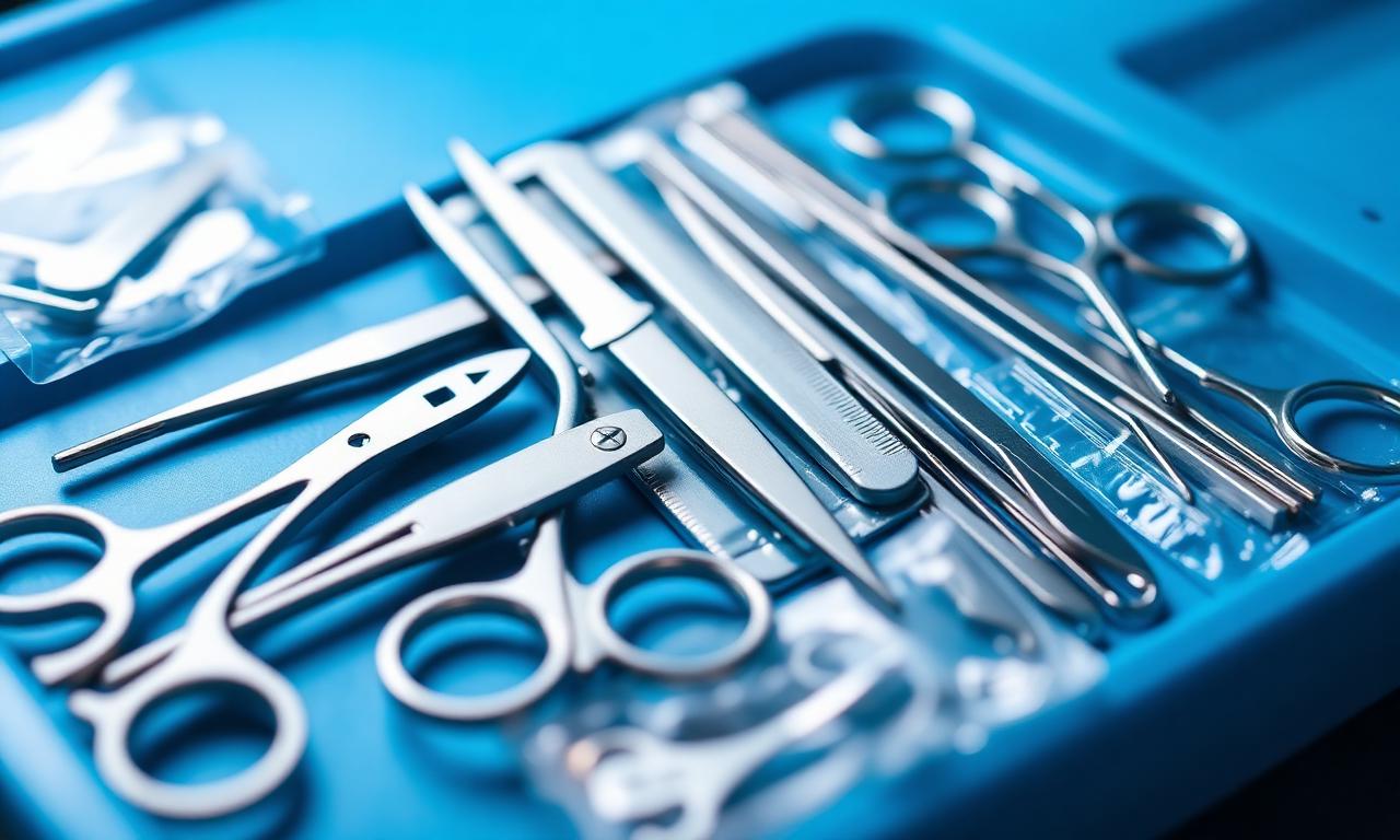 Premium sterile surgical instruments arranged on a blue medical tray